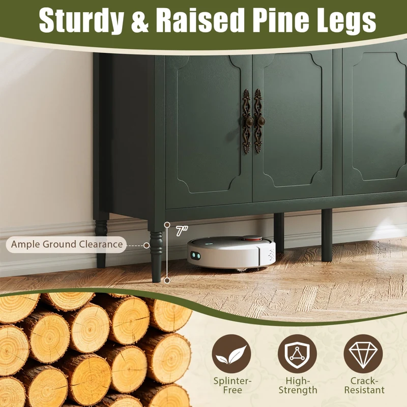 58" Vintage Buffet Cabinet with Pine Legs, Green