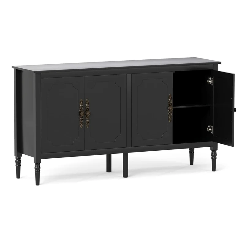 58" Vintage Buffet Cabinet, Pine Wood Legs, Adjustable Shelves, Black