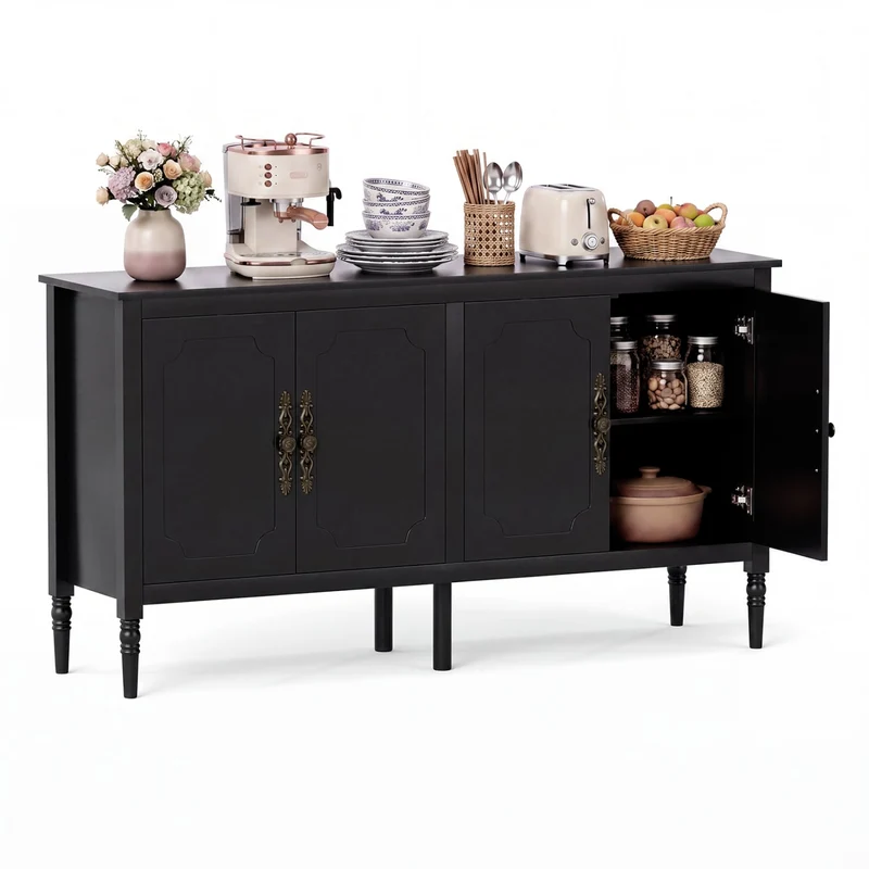 58" Vintage Buffet Cabinet, Pine Wood Legs, Adjustable Shelves, Black