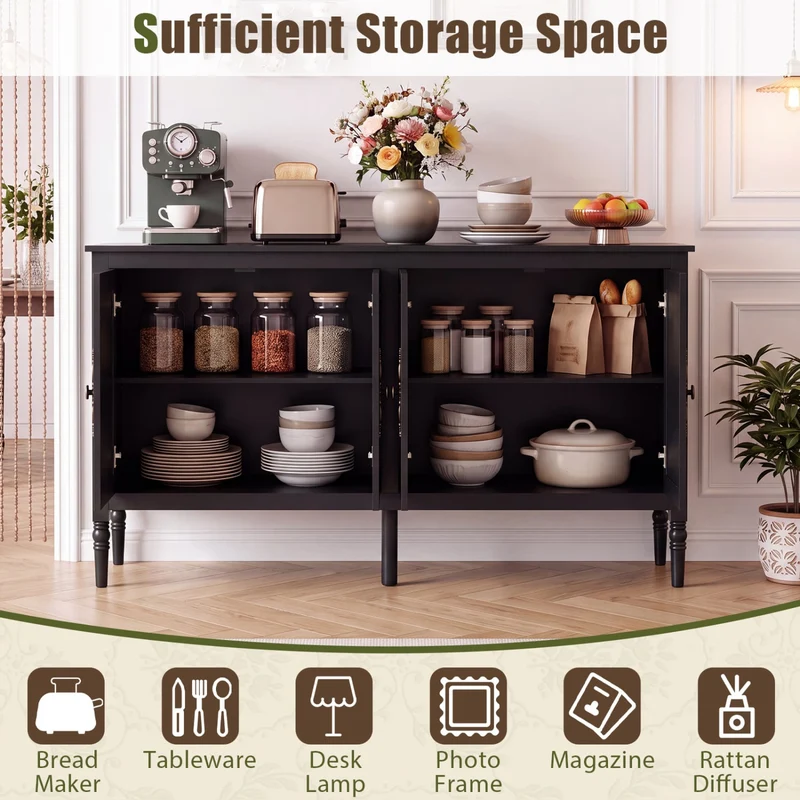 58" Vintage Buffet Cabinet, Pine Wood Legs, Adjustable Shelves, Black