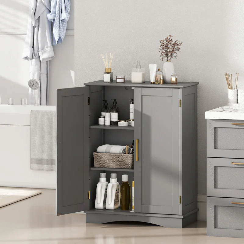 Bathroom Floor Storage Cabinet, 2 Doors, Adjustable Shelves, Gray