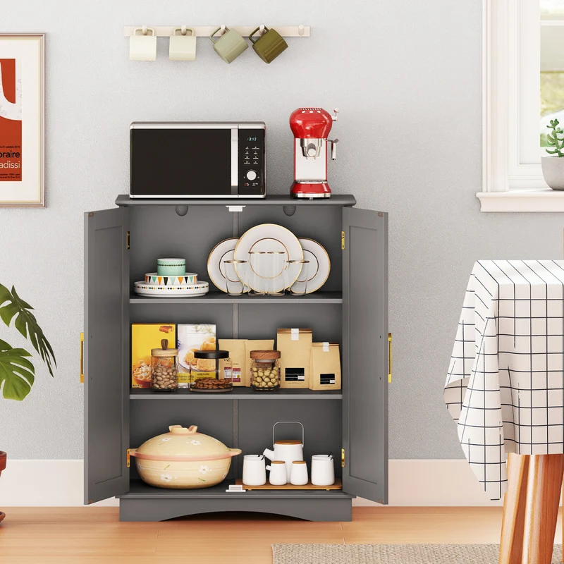 Bathroom Floor Storage Cabinet, 2 Doors, Adjustable Shelves, Gray