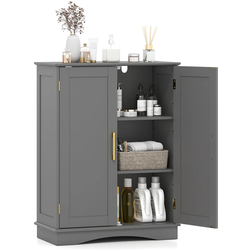 Bathroom Floor Storage Cabinet, 2 Doors, Adjustable Shelves, Gray