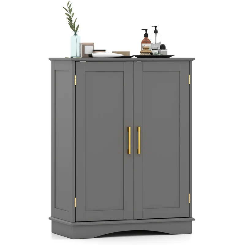 Bathroom Floor Storage Cabinet, 2 Doors, Adjustable Shelves, Gray