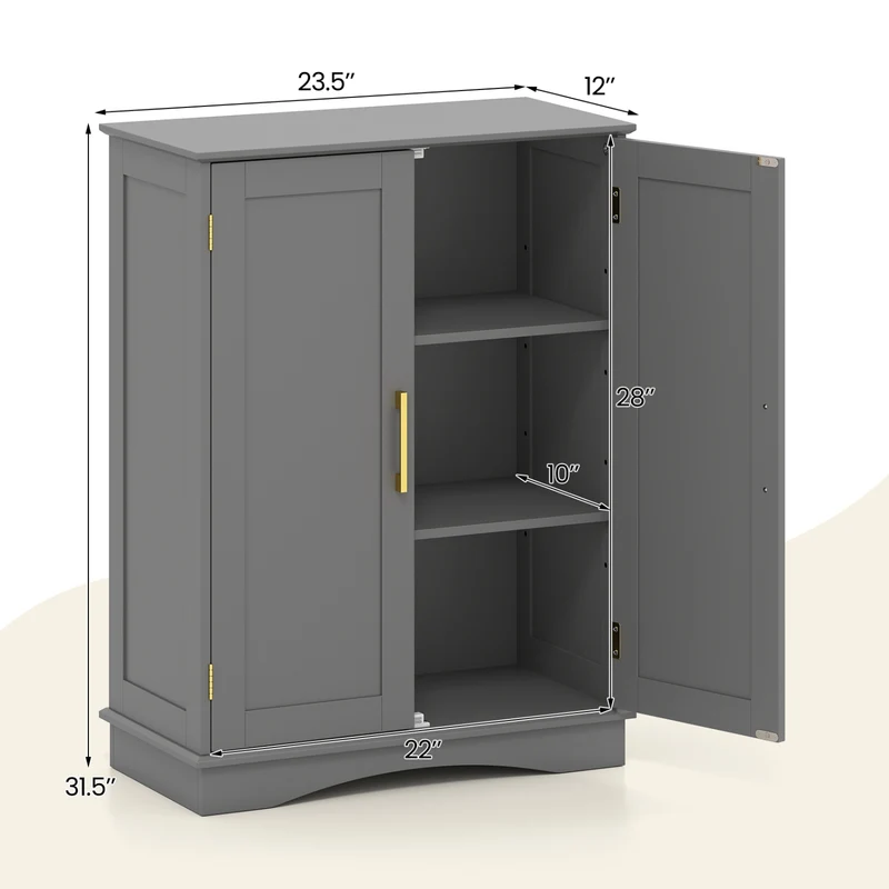 Bathroom Floor Storage Cabinet, 2 Doors, Adjustable Shelves, Gray
