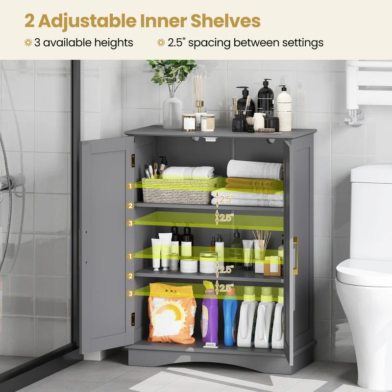 Bathroom Floor Storage Cabinet, 2 Doors, Adjustable Shelves, Gray