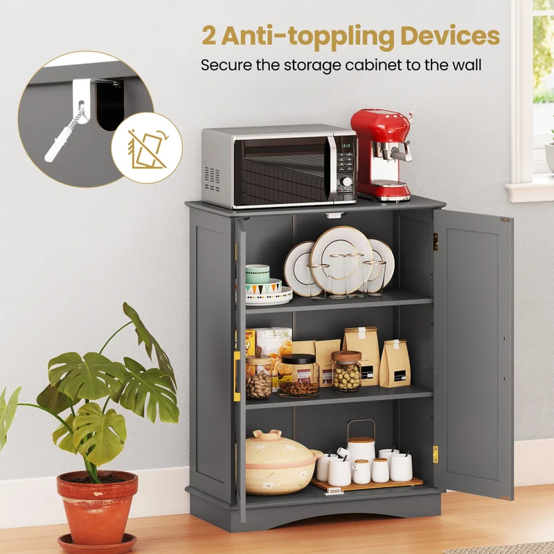 Bathroom Floor Storage Cabinet, 2 Doors, Adjustable Shelves, Gray
