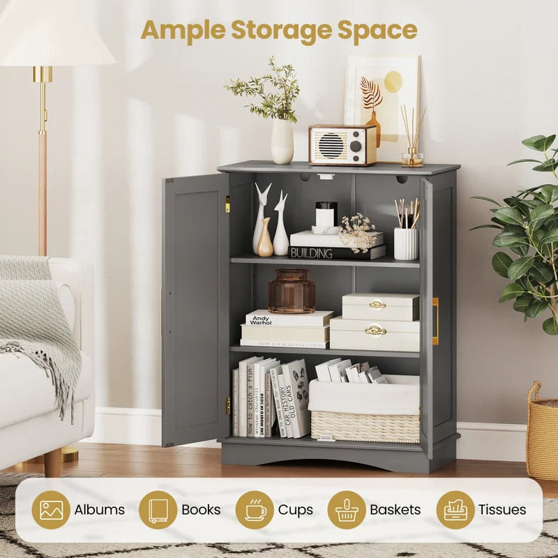 Bathroom Floor Storage Cabinet, 2 Doors, Adjustable Shelves, Gray