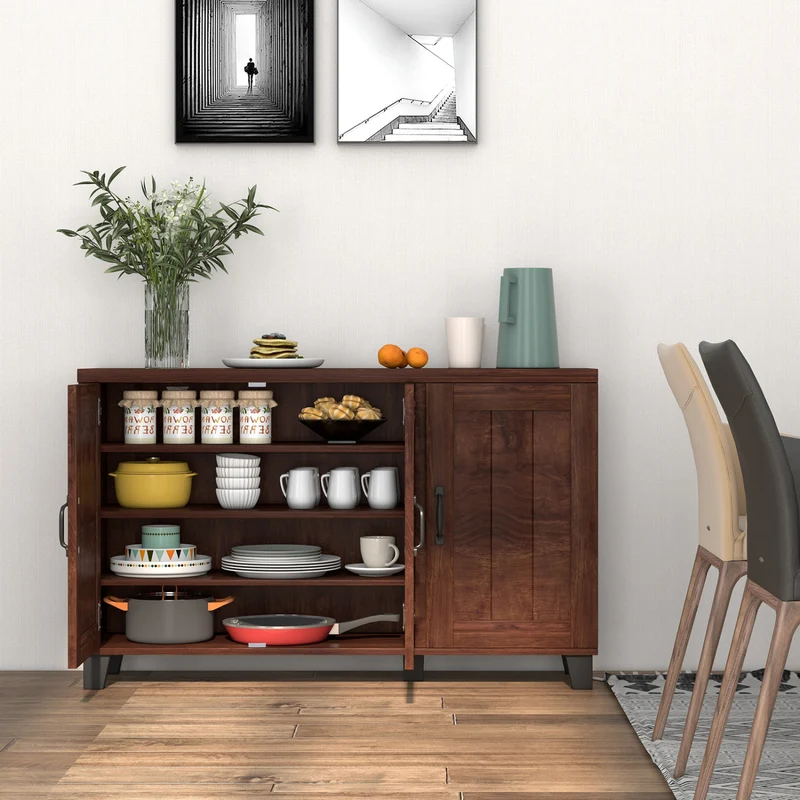 3-Door Buffet Sideboard, Adjustable Shelves, Anti-Tipping Kit, Brown