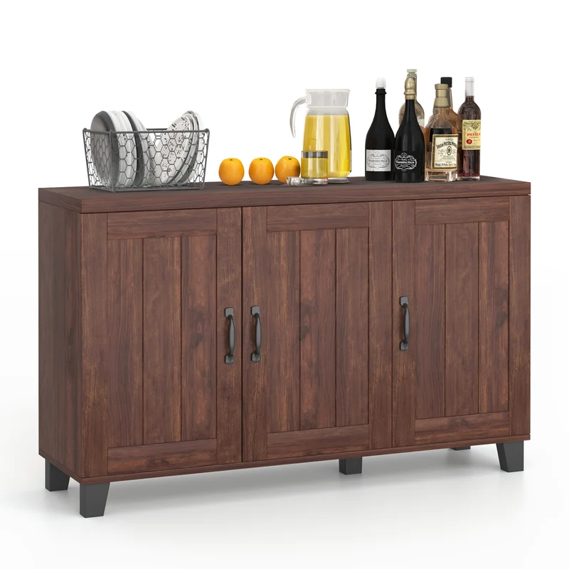 3-Door Buffet Sideboard, Adjustable Shelves, Anti-Tipping Kit, Brown