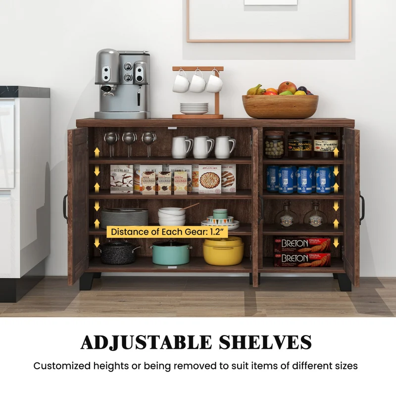 3-Door Buffet Sideboard, Adjustable Shelves, Anti-Tipping Kit, Brown