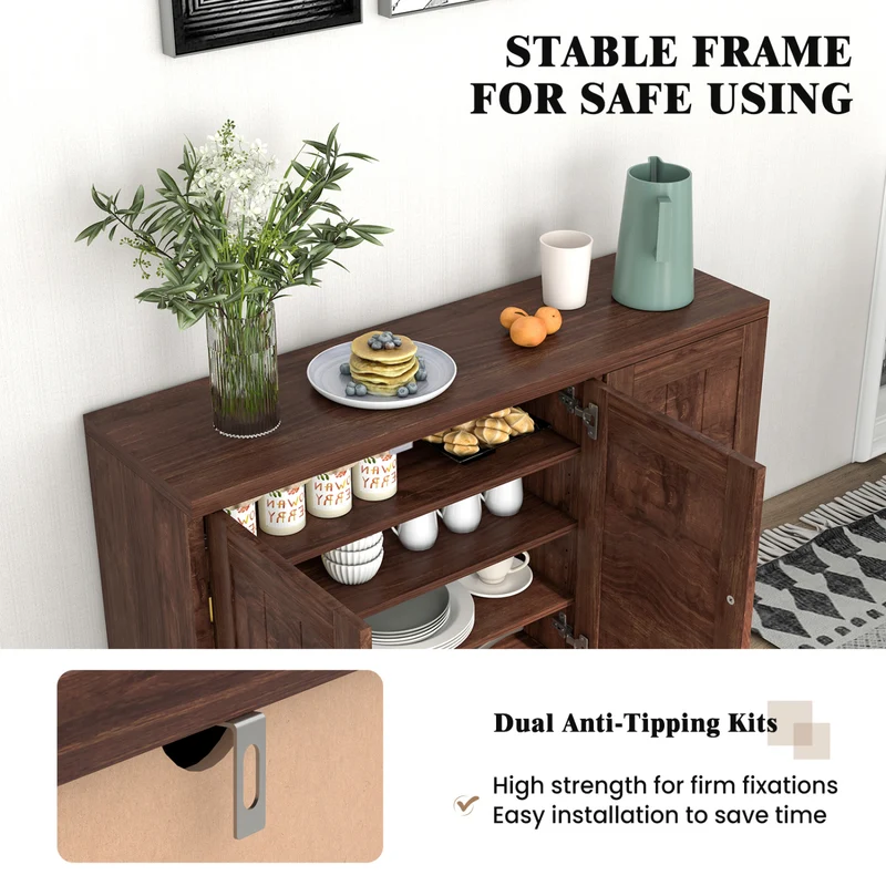 3-Door Buffet Sideboard, Adjustable Shelves, Anti-Tipping Kit, Brown