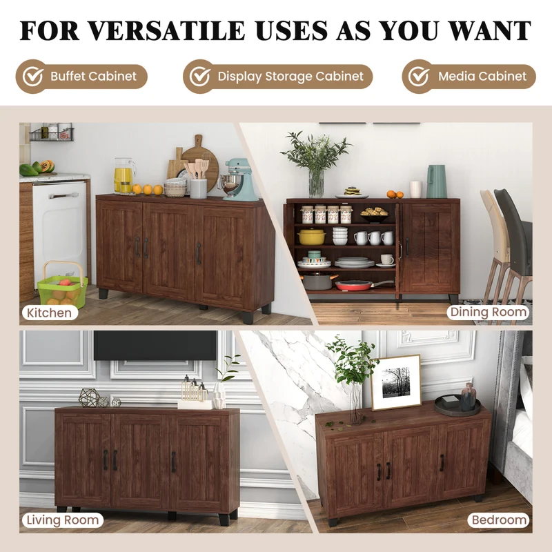 3-Door Buffet Sideboard, Adjustable Shelves, Anti-Tipping Kit, Brown