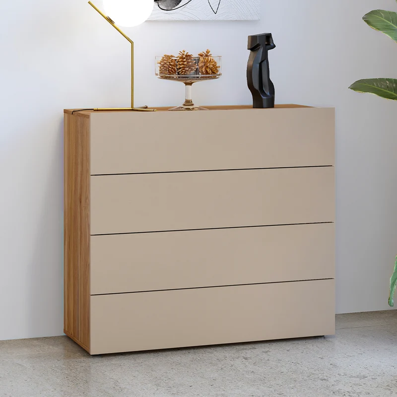 Commode 4 tiroirs Iséa Taupe et Bois