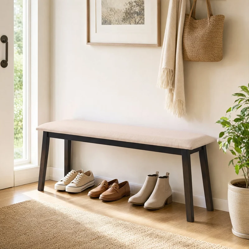 43.5 Inch Upholstered Entryway Bench, Rubber Wood Frame, Beige