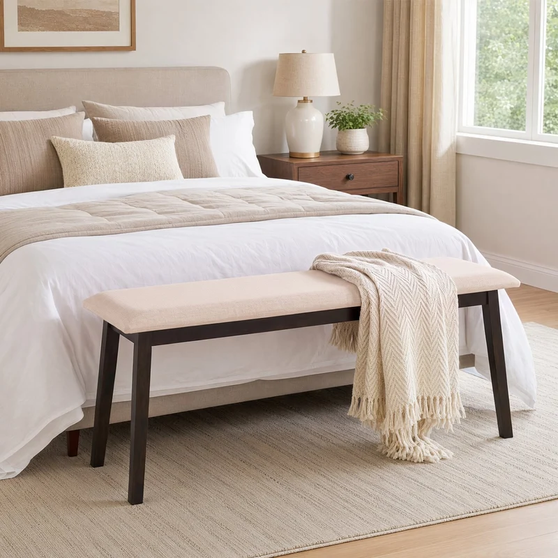 43.5 Inch Upholstered Entryway Bench, Rubber Wood Frame, Beige