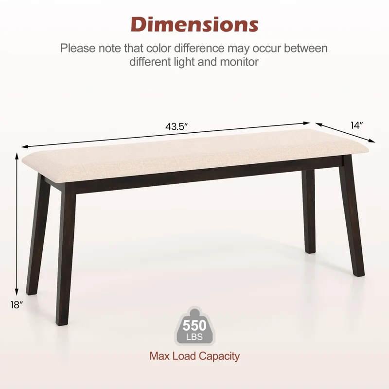 43.5 Inch Upholstered Entryway Bench, Rubber Wood Frame, Beige
