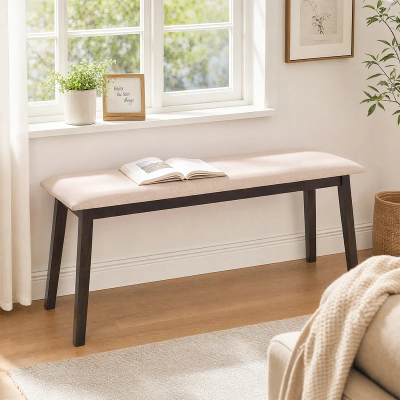 43.5 Inch Upholstered Entryway Bench, Rubber Wood Frame, Beige