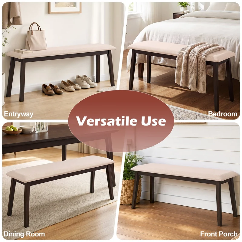43.5 Inch Upholstered Entryway Bench, Rubber Wood Frame, Beige