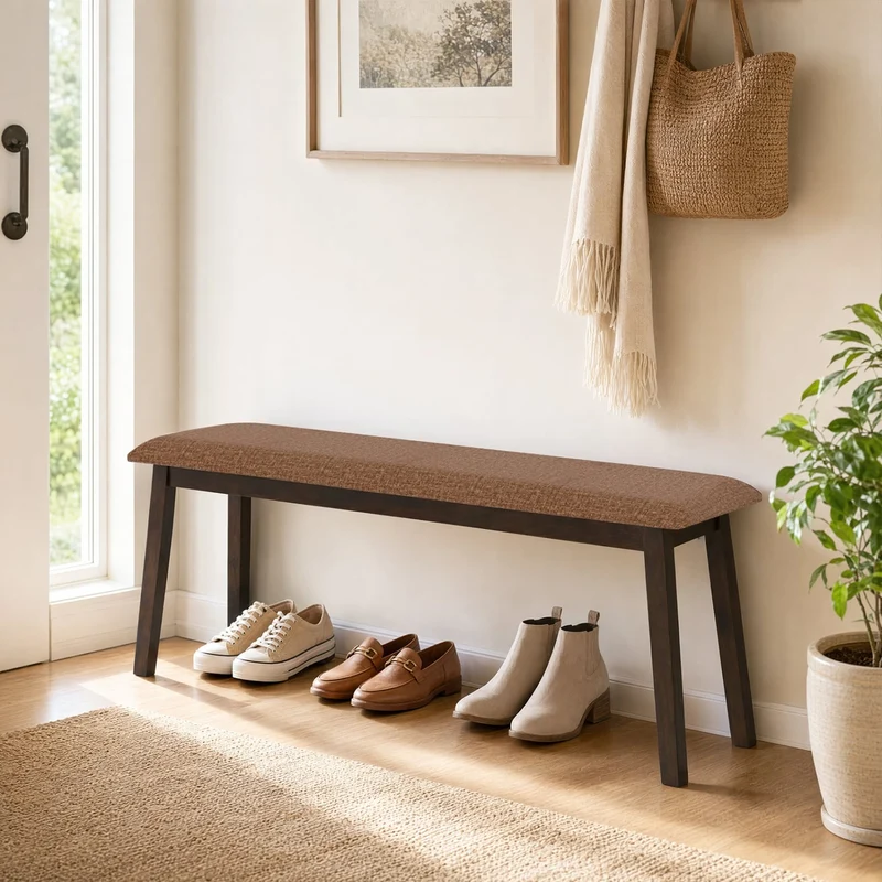 43.5 Inch Upholstered Entryway Bench, Rubber Wood, Brown