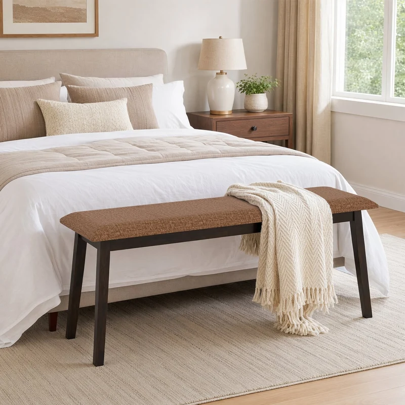 43.5 Inch Upholstered Entryway Bench, Rubber Wood, Brown