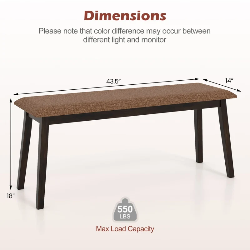 43.5 Inch Upholstered Entryway Bench, Rubber Wood, Brown