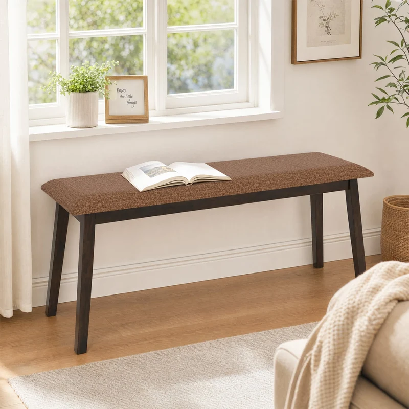 43.5 Inch Upholstered Entryway Bench, Rubber Wood, Brown