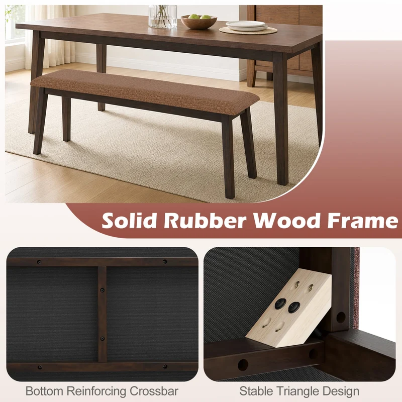 43.5 Inch Upholstered Entryway Bench, Rubber Wood, Brown