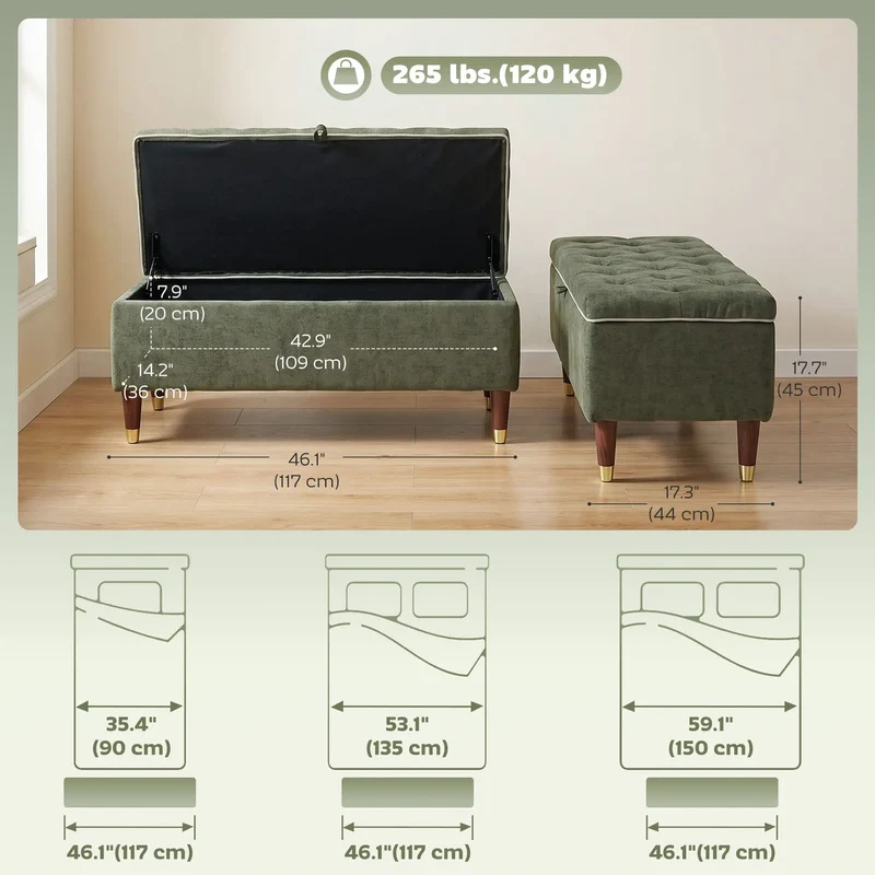 Storage Ottoman Bench, Linen-Look Seat, 264 LBS, Green
