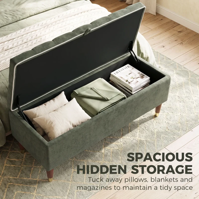 Storage Ottoman Bench, Linen-Look Seat, 264 LBS, Green