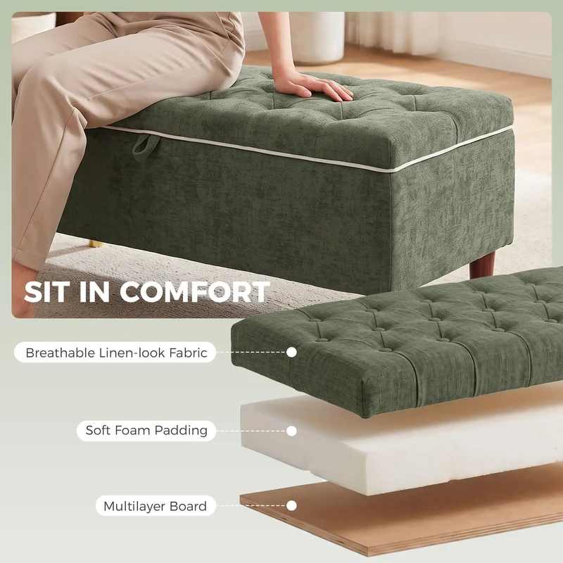 Storage Ottoman Bench, Linen-Look Seat, 264 LBS, Green