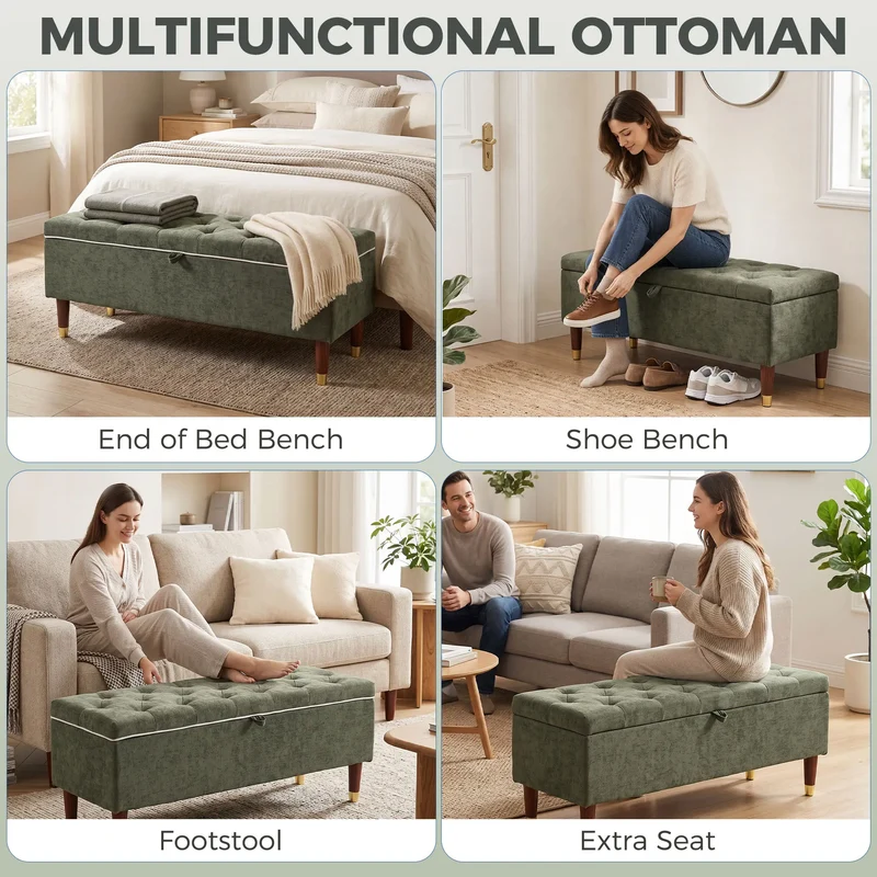 Storage Ottoman Bench, Linen-Look Seat, 264 LBS, Green