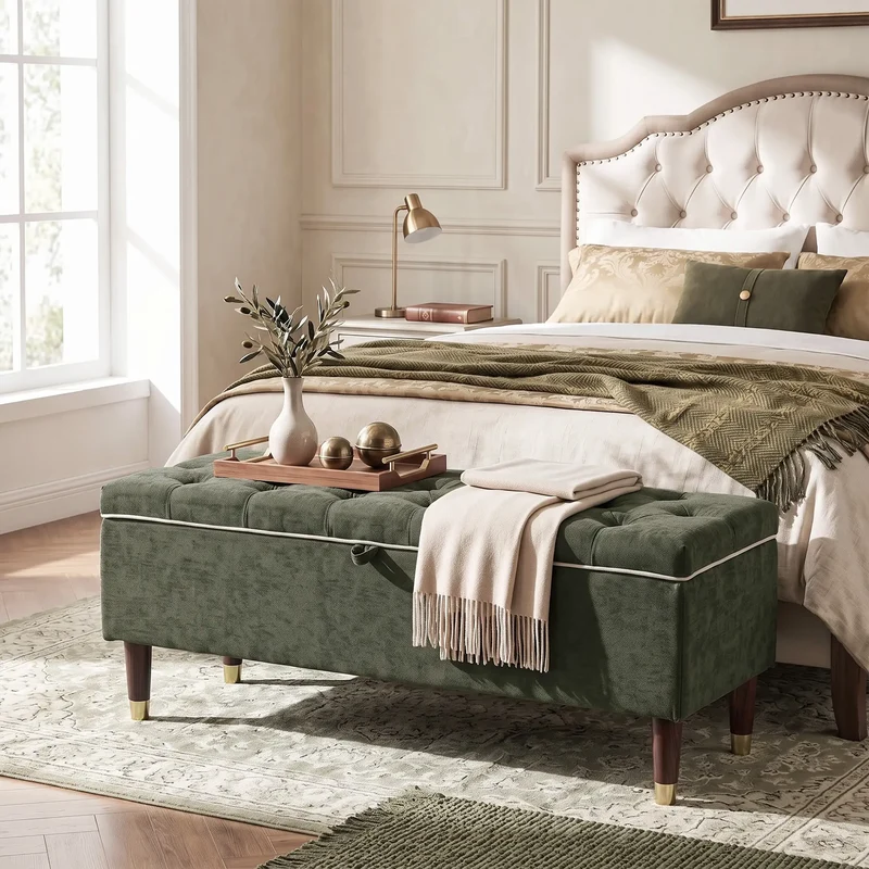 Storage Ottoman Bench, Linen-Look Seat, 264 LBS, Green