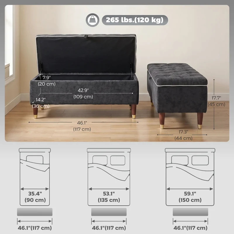 Upholstered Storage Ottoman Bench, 264 LBS Capacity, Dark Grey