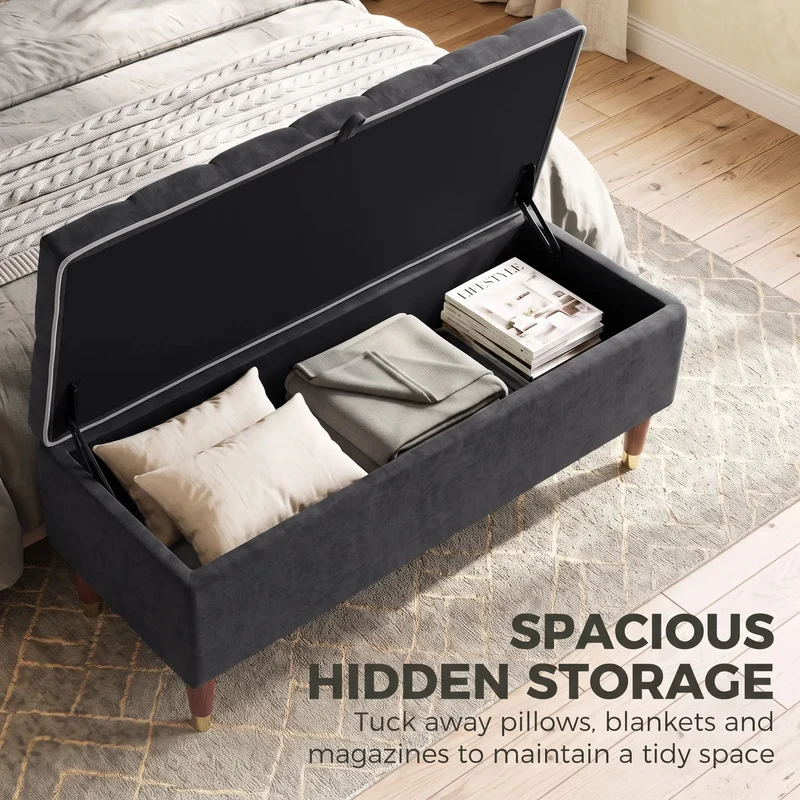 Upholstered Storage Ottoman Bench, 264 LBS Capacity, Dark Grey