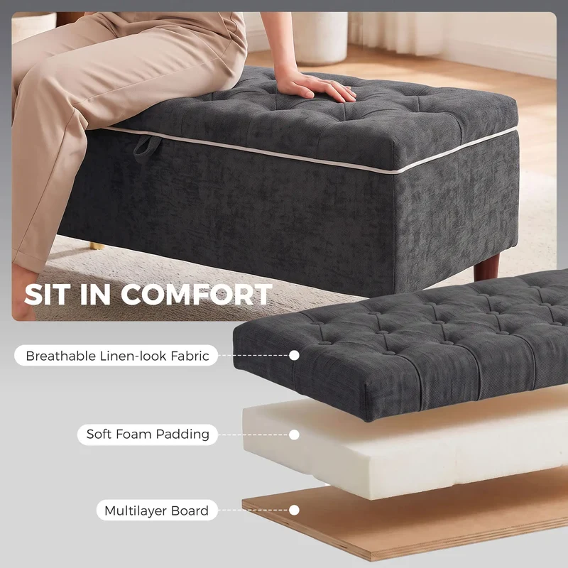 Upholstered Storage Ottoman Bench, 264 LBS Capacity, Dark Grey