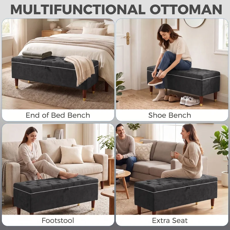 Upholstered Storage Ottoman Bench, 264 LBS Capacity, Dark Grey