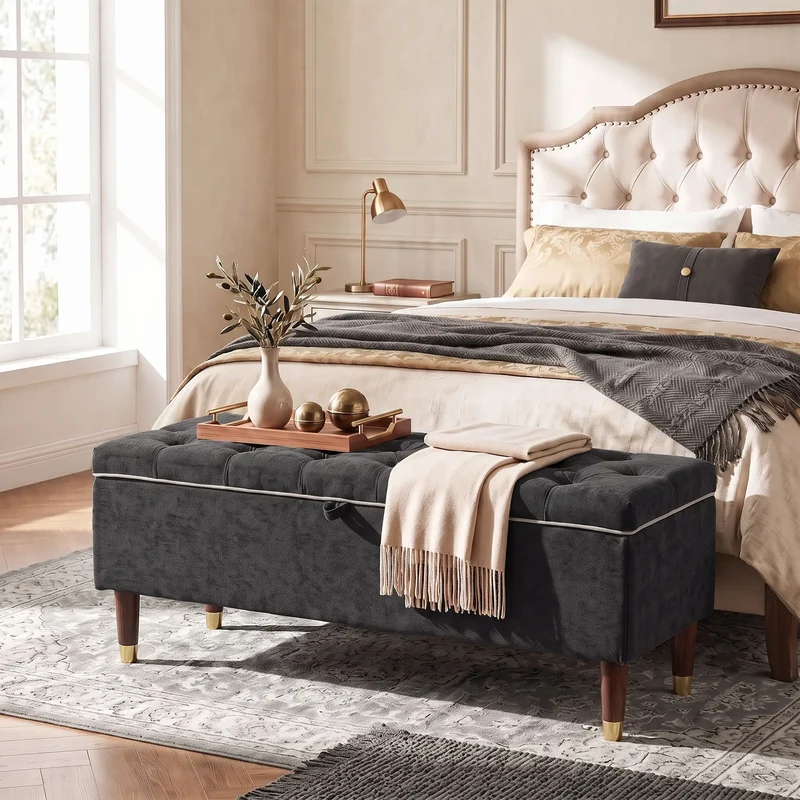 Upholstered Storage Ottoman Bench, 264 LBS Capacity, Dark Grey