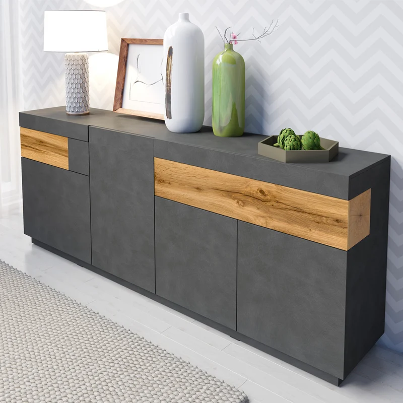Buffet 4 portes 2 tiroirs Andrea Gris anthracite et Bois