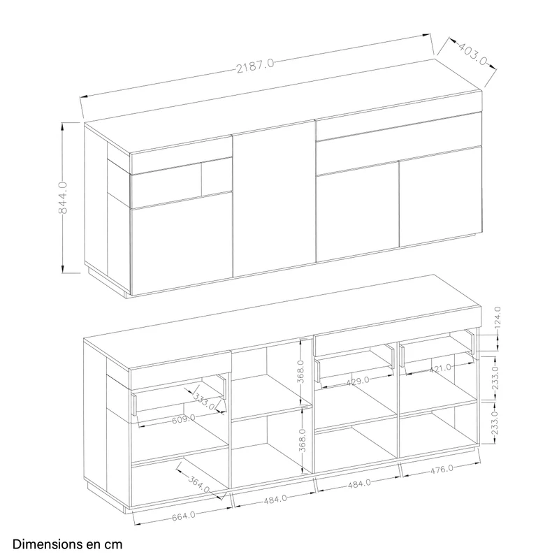 Buffet 4 portes 2 tiroirs Andrea Gris anthracite et Bois