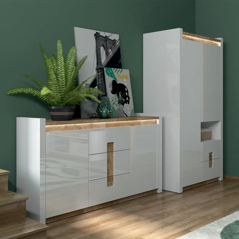 Buffet 2 portes 3 tiroirs avec LED Helios Blanc laqué et Bois