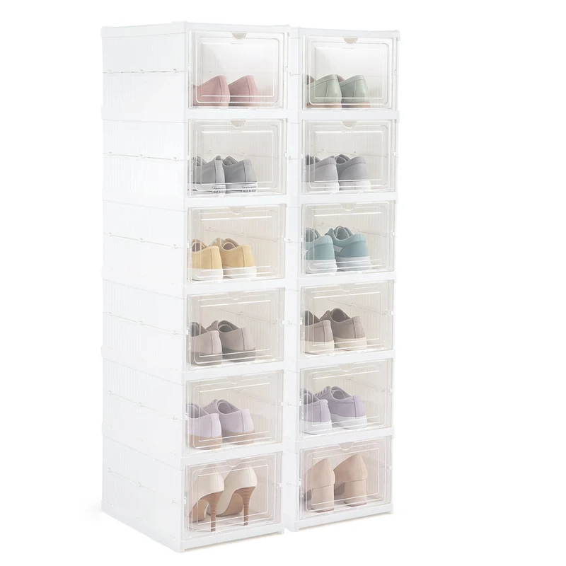 6-Tier Shoe Organizer Set of 2, Clear Doors, Portable, White