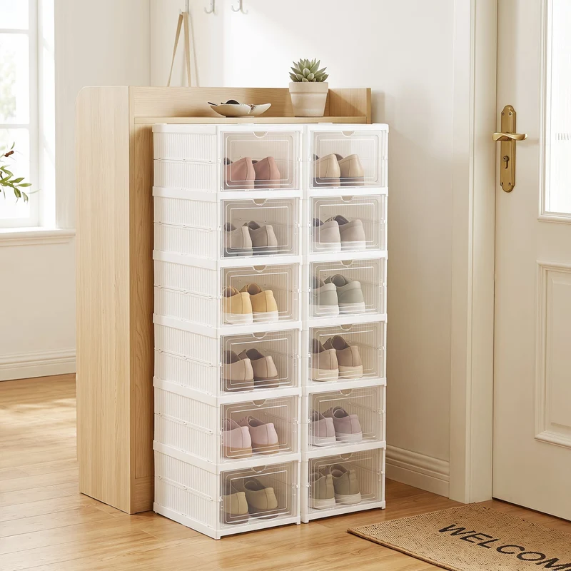 6-Tier Shoe Organizer Set of 2, Clear Doors, Portable, White