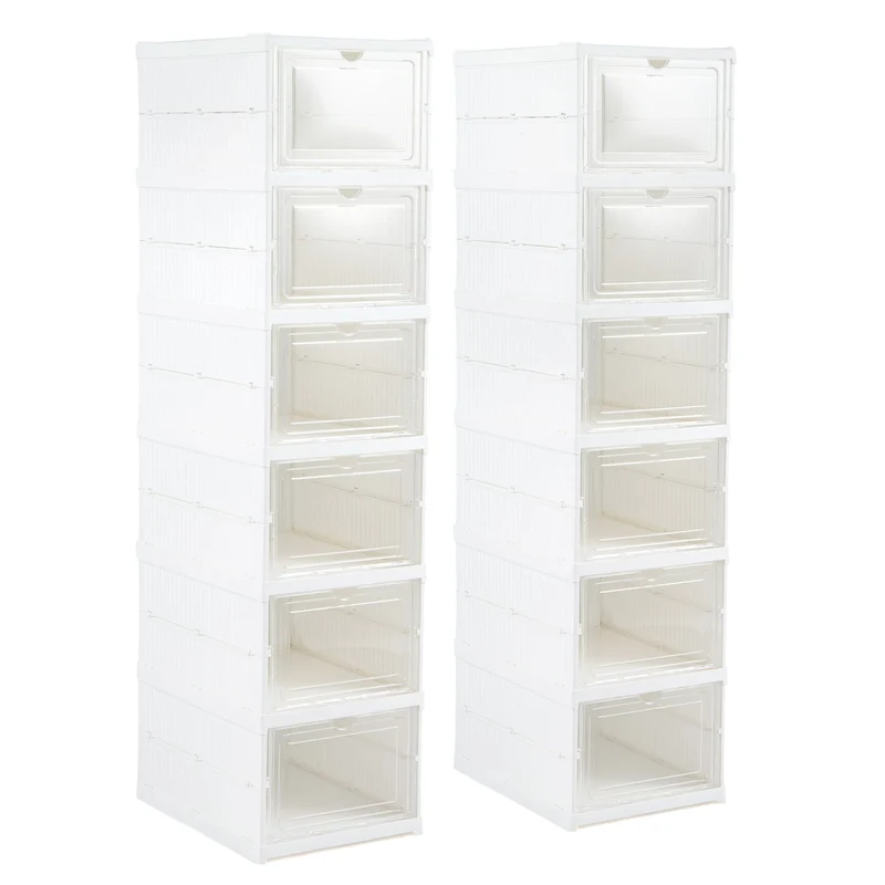 6-Tier Shoe Organizer Set of 2, Clear Doors, Portable, White