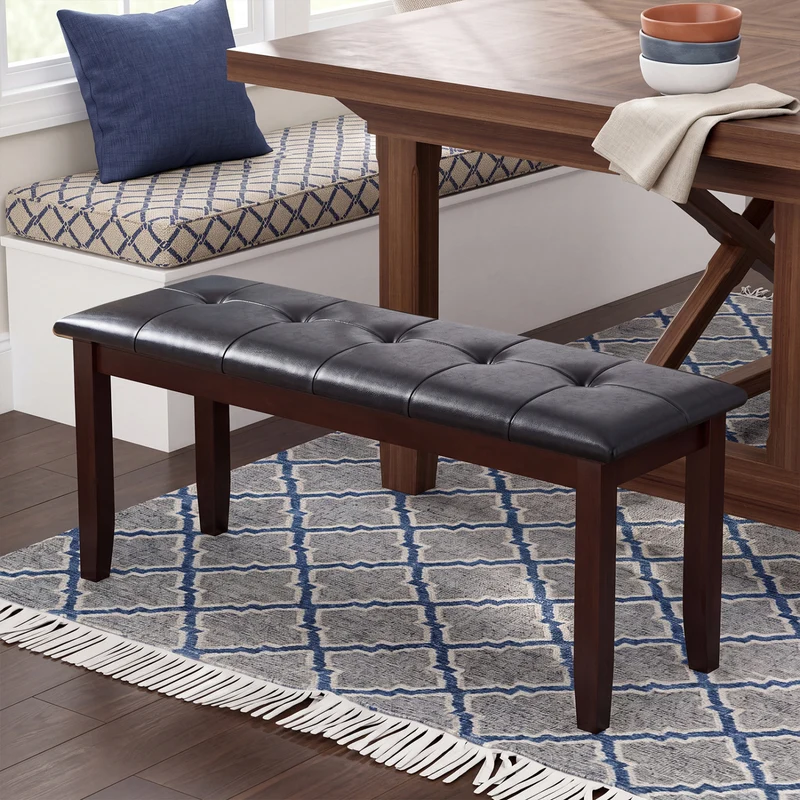 45.5" PU Leather Bench, Padded Seat, Rubber Wood Legs, Brown