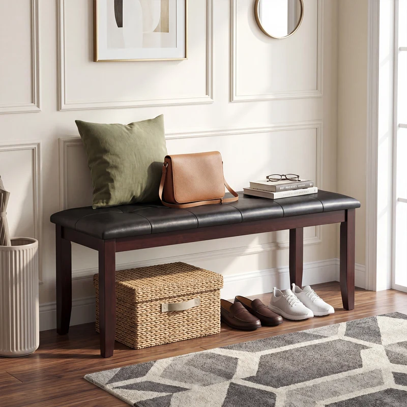 45.5" PU Leather Bench, Padded Seat, Rubber Wood Legs, Brown