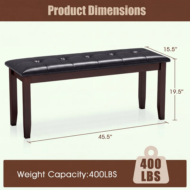 45.5" PU Leather Bench, Padded Seat, Rubber Wood Legs, Brown