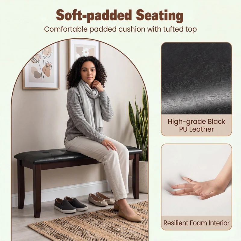 45.5" PU Leather Bench, Padded Seat, Rubber Wood Legs, Brown