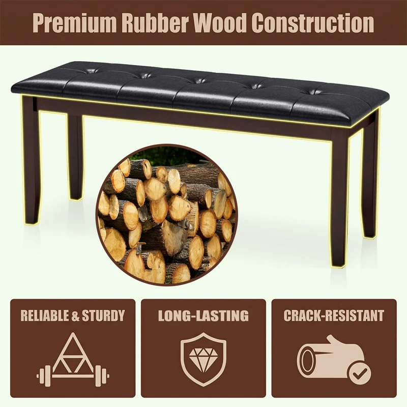 45.5" PU Leather Bench, Padded Seat, Rubber Wood Legs, Brown