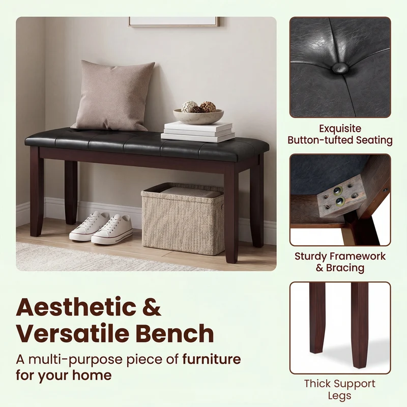45.5" PU Leather Bench, Padded Seat, Rubber Wood Legs, Brown